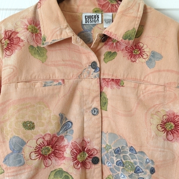 Chico's Design 90's Vintage Floral Embroidered & Beaded Denim Jacket Peach 3 - Picture 5 of 13